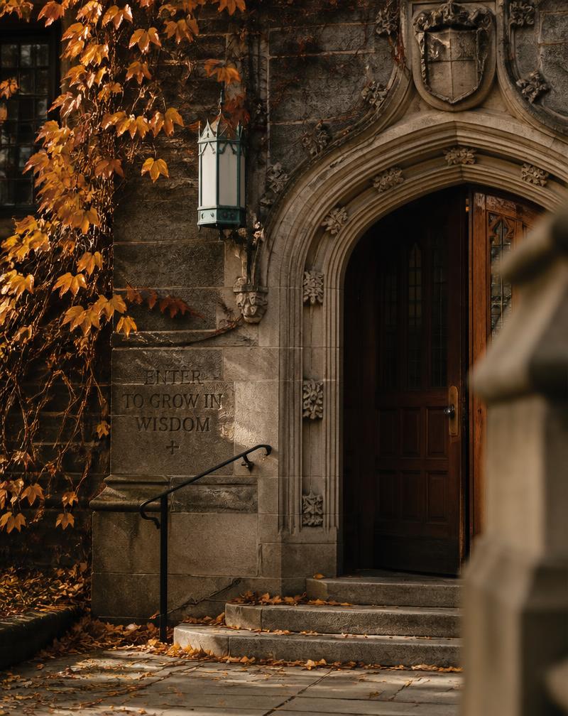 Traditional academic building entrance framed by ivy